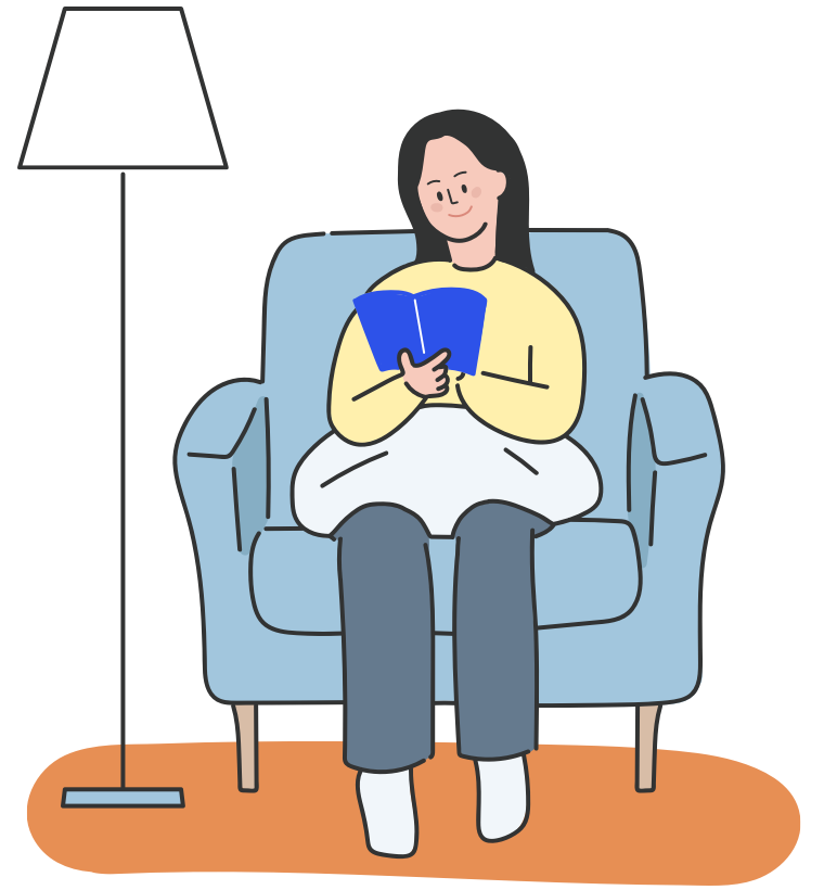 의자에 앉아서 책을 읽는 여성 일러스트